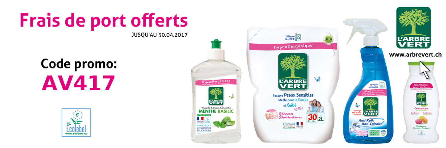 Produits écologiques: Frais de port offerts jusqu'au 30.04.2017